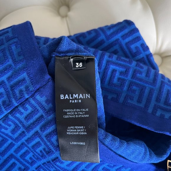 BALMAIN Monogram Jacquard Wool Blend Skirt In Blue - Size 36 - Picture 6 of 7